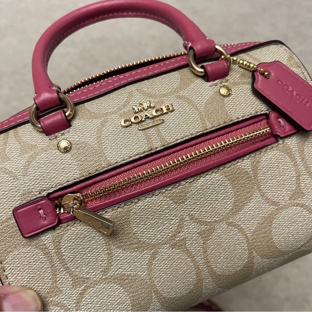 Coach Mini Rowan Signature Tan Canvas Pink Rogue Leather Trim Crossbody Bag - Picture 14 of 17